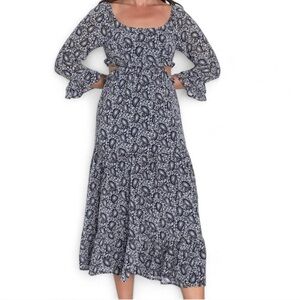 🐞Lulus Navy Blue Paisley Tiered Cutout Midi Dress - size Large